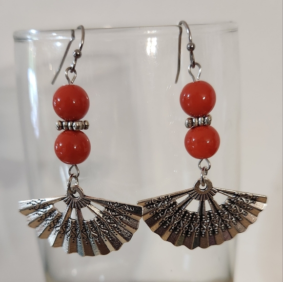 Hand Crafted Silver Fan and Orange Bead Pierced Earrings - Picture 2 of 5